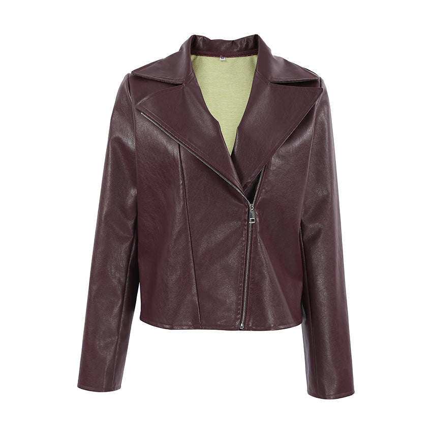 Veste Rouge Vin en Simili Cuir, Col de Costume, Manches Longues