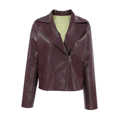 Veste Rouge Vin en Simili Cuir, Col de Costume, Manches Longues
